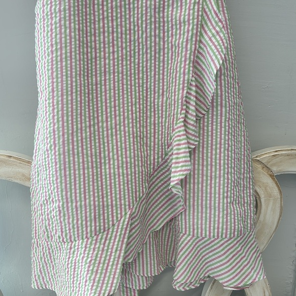DRAPER JAMES Puff Sleeve Wrap Pink Green Stripe Preppy Dress Size Large - Picture 5 of 7